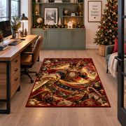 A decorative nutcracker soldier in an ornate red and blue uniform holds a golden sword within glowing spiral rings; rug shown beside a home office desk