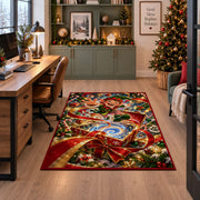 A cheerful elf rises above an open gift box spilling a blue and golden swirl; rug shown beside a home office desk