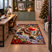 A playful reindeer with a bright red nose leaps forward above a snowy blue village; rug shown beside a home office desk