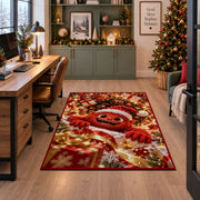 A friendly red furry monster wearing a Santa hat reaches through a glowing spiral of presents; rug shown beside a home office desk
