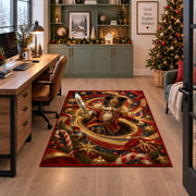 A red-uniformed nutcracker soldier holds a shining sword as it emerges from a golden spiral; rug shown beside a home office desk