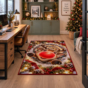 A cheerful reindeer with a large red nose peeks through snowy rings of golden lights; rug shown beside a home office desk