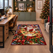 Santa rises above an open present filled with glowing golden spiral rings; rug shown beside a home office desk