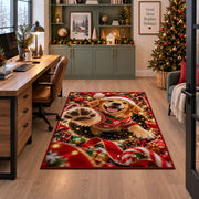 A happy golden puppy in a Santa hat and red sweater raises a soft paw toward the viewer; rug shown beside a home office desk
