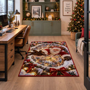 Santa reaches forward over a golden-lit winter village encircled by swirling snow; rug shown beside a home office desk