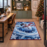 A smiling snowman in a black top hat and flowing red scarf stands within swirling snow; rug shown beside a home office desk