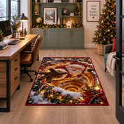 Santa Golden Tunnel Christmas Rug under a desk in a festive study