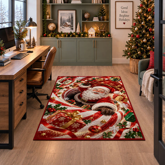 Santa Curved Candy Cane Christmas Rug under a desk in a festive study