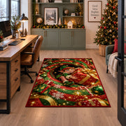 Christmas Elf Holding Gift Rug under a desk in a festive study