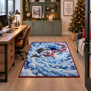 Snowman Blue Snowflake Spiral Christmas Rug under a desk in a festive study