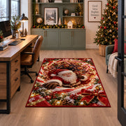 Santa Red Gold Christmas Spiral Rug under a desk in a festive study