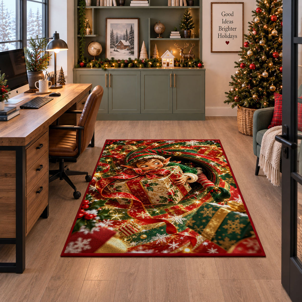 Christmas Elf Wrapped Present Rug under a desk in a festive study