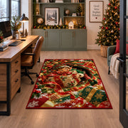 Christmas Elf Wrapped Present Rug under a desk in a festive study