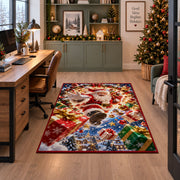 Santa Flying Presents Christmas Rug under a desk in a festive study