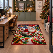 Santa Red Green Snow Spiral Christmas Rug under a desk in a festive study