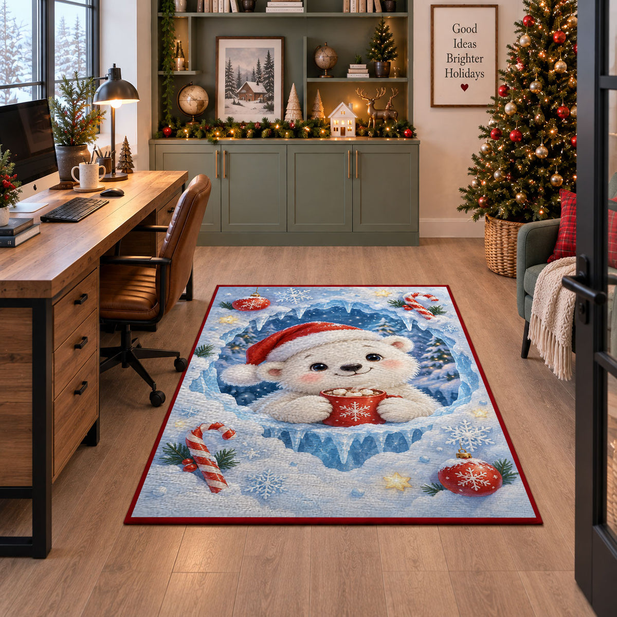 Cute Polar Bear Christmas Rug under a desk in a festive study