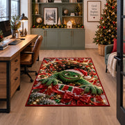 Green Holiday Monster Rug under a desk in a festive study