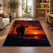 Soldier Salute Sunset rug in a living room with a desk and large windows
