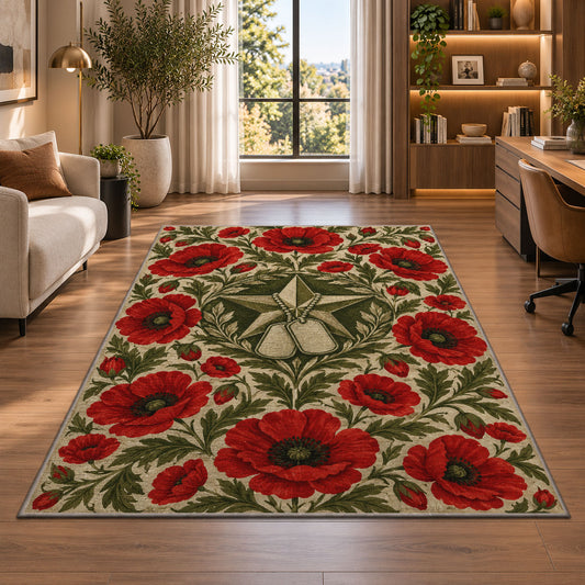 Remembrance Poppy rug in a living room with a desk and large windows