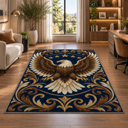 Bald Eagle Stars rug in a living room with a desk and large windows