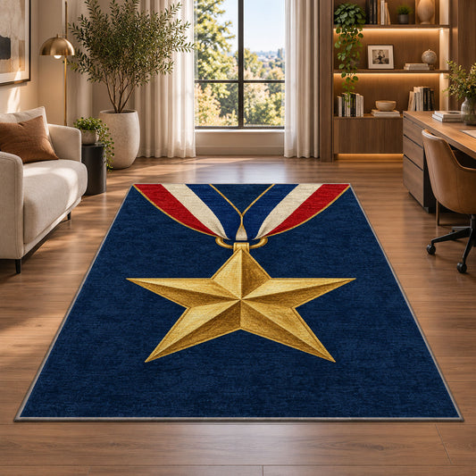 Gold Star Medal rug in a living room with a desk and large windows