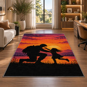 Soldier Homecoming rug in a living room with a desk and large windows