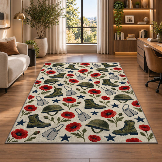 Military Tribute Pattern rug in a living room with a desk and large windows