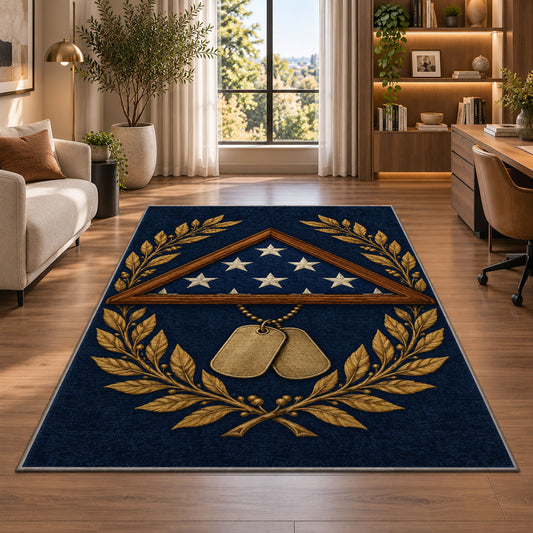 Folded Flag Memorial rug in a living room with a desk and large windows