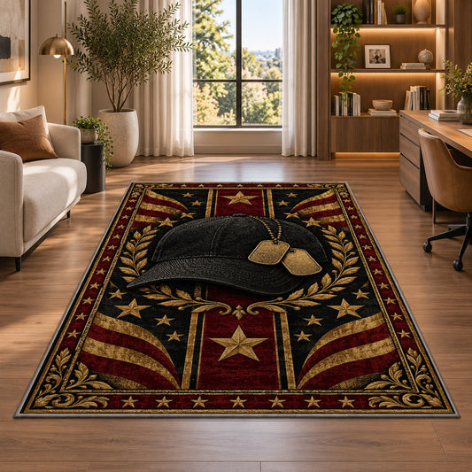 Veteran Cap and Dog Tags rug in a living room with a desk and large windows
