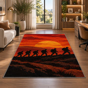Soldiers March Sunset rug in a living room with a desk and large windows