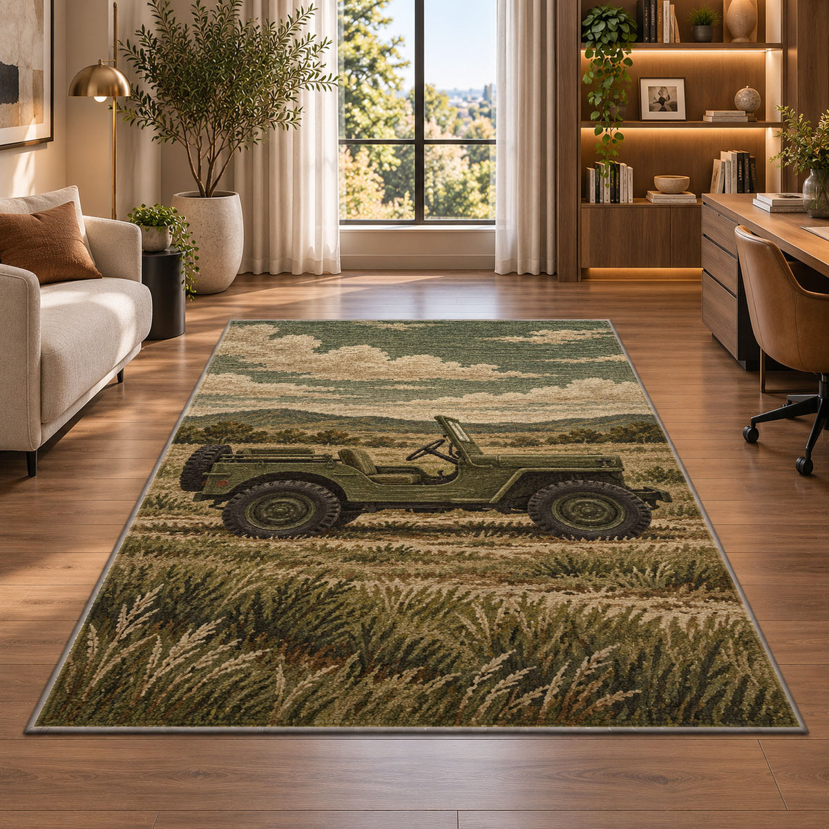 Vintage Military Jeep rug in a living room with a desk and large windows