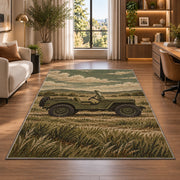 Vintage Military Jeep rug in a living room with a desk and large windows