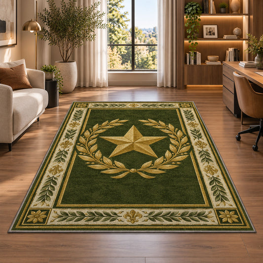 Gold Star Laurel rug in a living room with a desk and large windows
