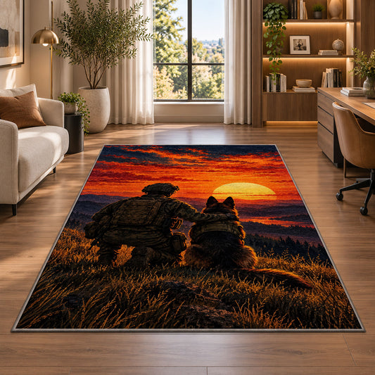 Soldier and K9 Partner rug in a living room with a desk and large windows