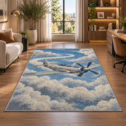 Vintage Propeller Plane rug in a living room with a desk and large windows