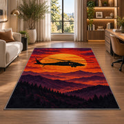 Helicopter Sunset rug in a living room with a desk and large windows