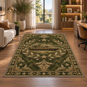 Military Tank Emblem rug in a living room with a desk and large windows