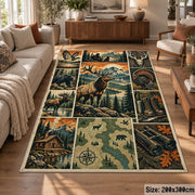 Wildlife Hunting Camp Collage area rug in pine green, warm beige and orange, view 7