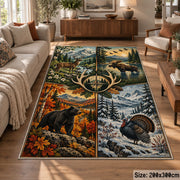 Four Season Hunting Wildlife area rug in autumn orange, snow blue and forest green, view 7