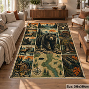Bear and Deer Woodland Collage area rug in olive green, brown and cream, view 7