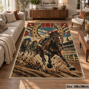Galloping Horse and Horseshoe Medallion area rug in tan, brown and dark green, view 7