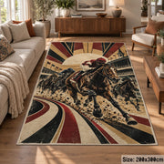 Racehorses and Sunburst Track area rug in warm ochre, burgundy and slate, view 7
