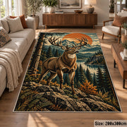 Stag in a Pine Forest area rug in sunset orange, forest green and tan, view 7