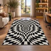 Warped Checkerboard Area Rug, Black Cream Optical Illusion Rug, Bold Geometric Room Decor - Image 7