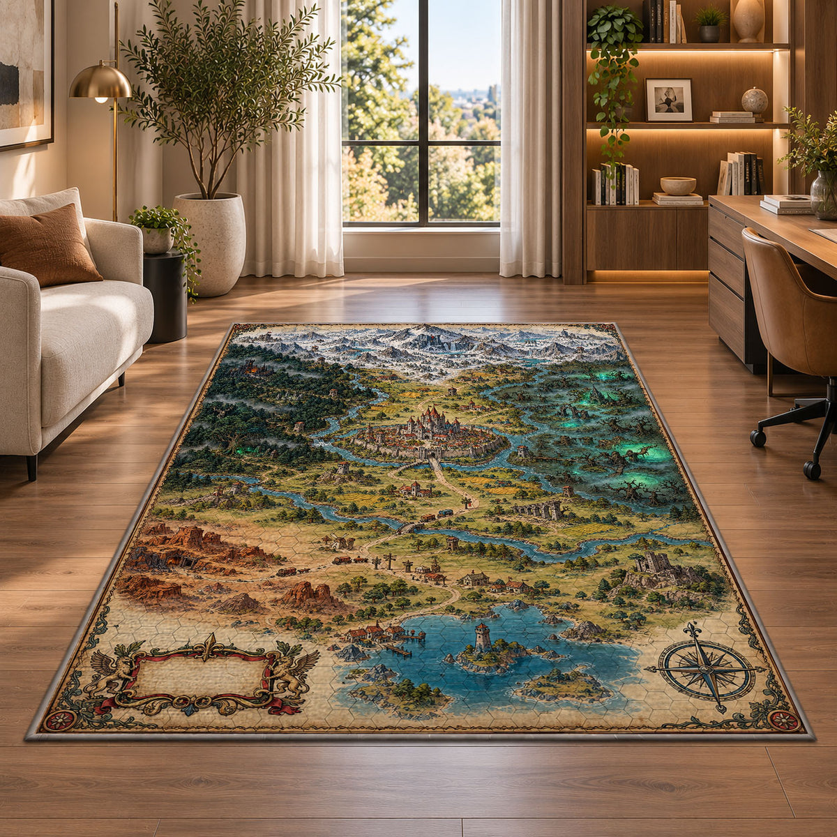 Kingdom map rug with castle, mountain peaks, forests, and lake in a bright home office
