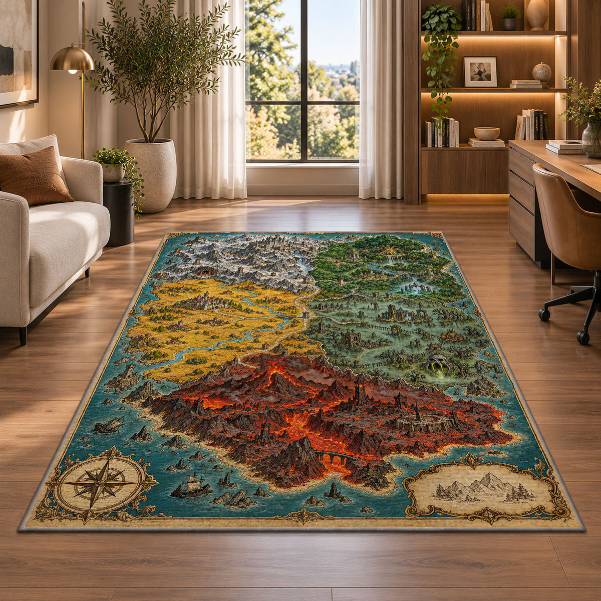 Fantasy island map rug with red volcanic terrain, green forest, and turquoise sea in a bright home office