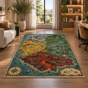 Fantasy island map rug with red volcanic terrain, green forest, and turquoise sea in a bright home office