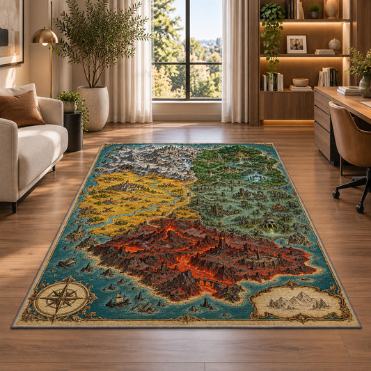 Fantasy island map rug with red volcanic terrain, green forest, and turquoise sea in a bright home office