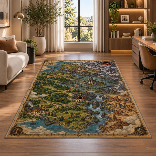 Fantasy river valley map rug with forest settlements and mountain fortress in a bright home office