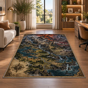 Dark mountain map rug with fiery volcano, waterfalls, and castles in a bright home office